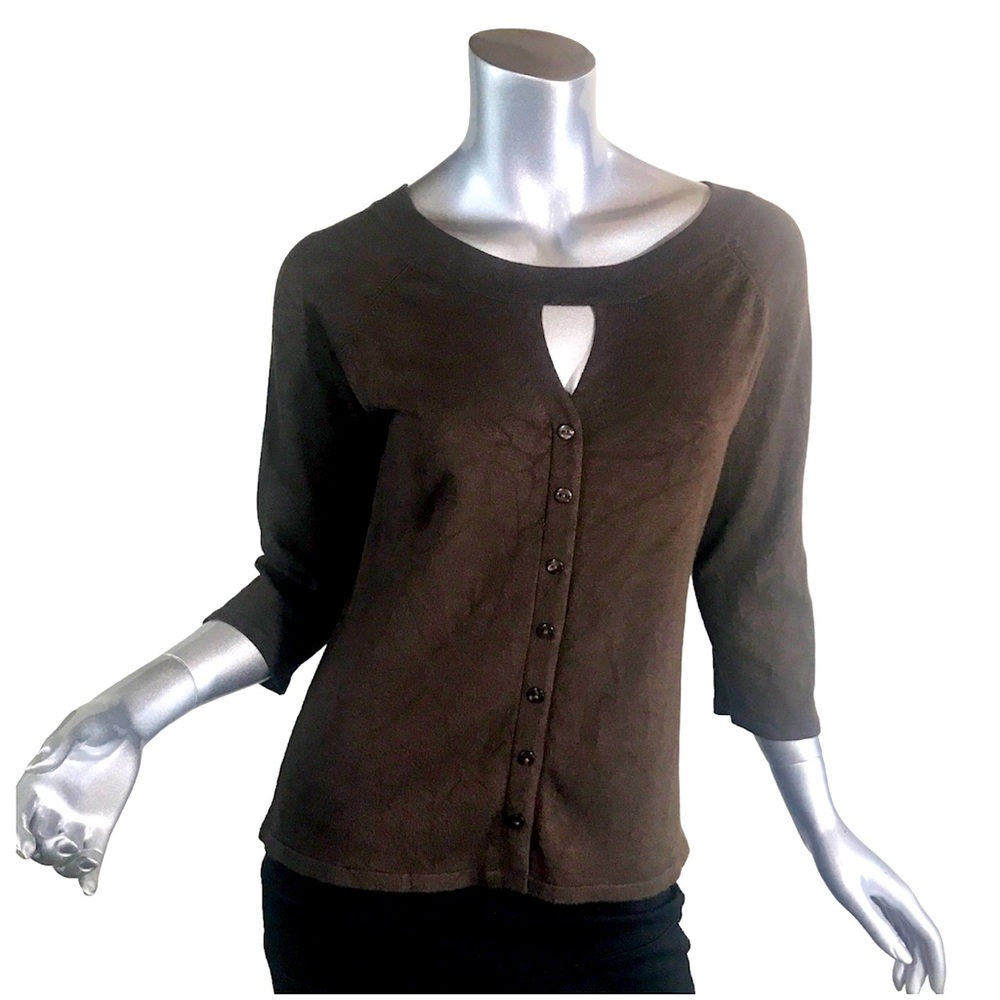 Joseph A. Women's Large 3/4 Sleeve Knit Stretch Top Brown Button Front Cut Out